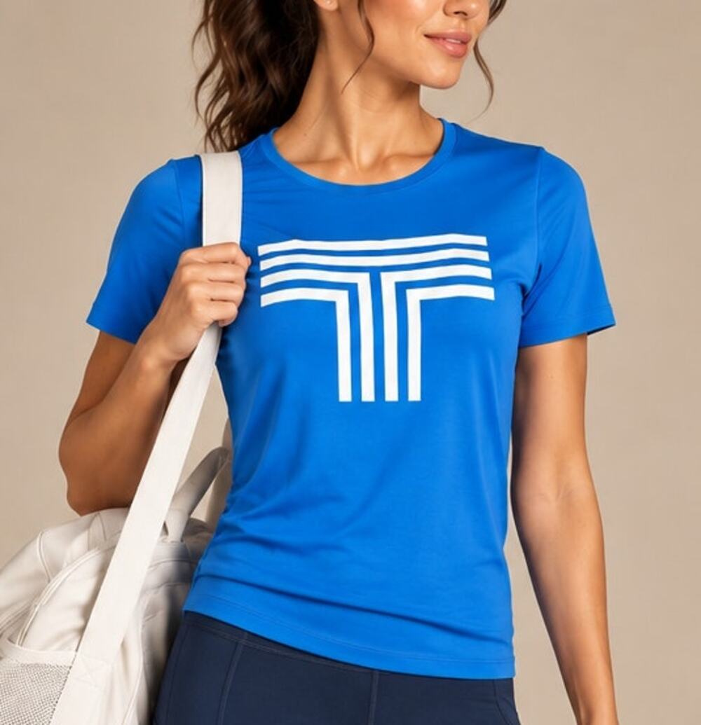 Tory Burch Sport Logo Graphic Mesh T-Shirt Womens S Blue Athletic Gym Workout